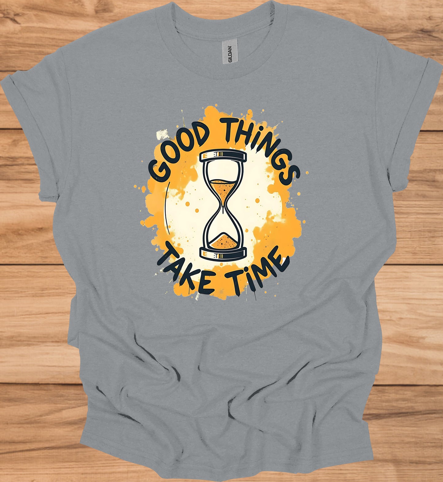 Patience Pays: Motivational Hourglass Art, Orange and Black Graffiti Style, Time Management Inspiration - Graphic Tee Shirt