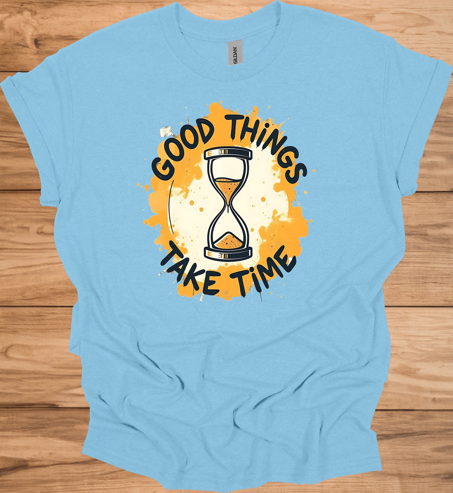 Patience Pays: Motivational Hourglass Art, Orange and Black Graffiti Style, Time Management Inspiration - Graphic Tee Shirt