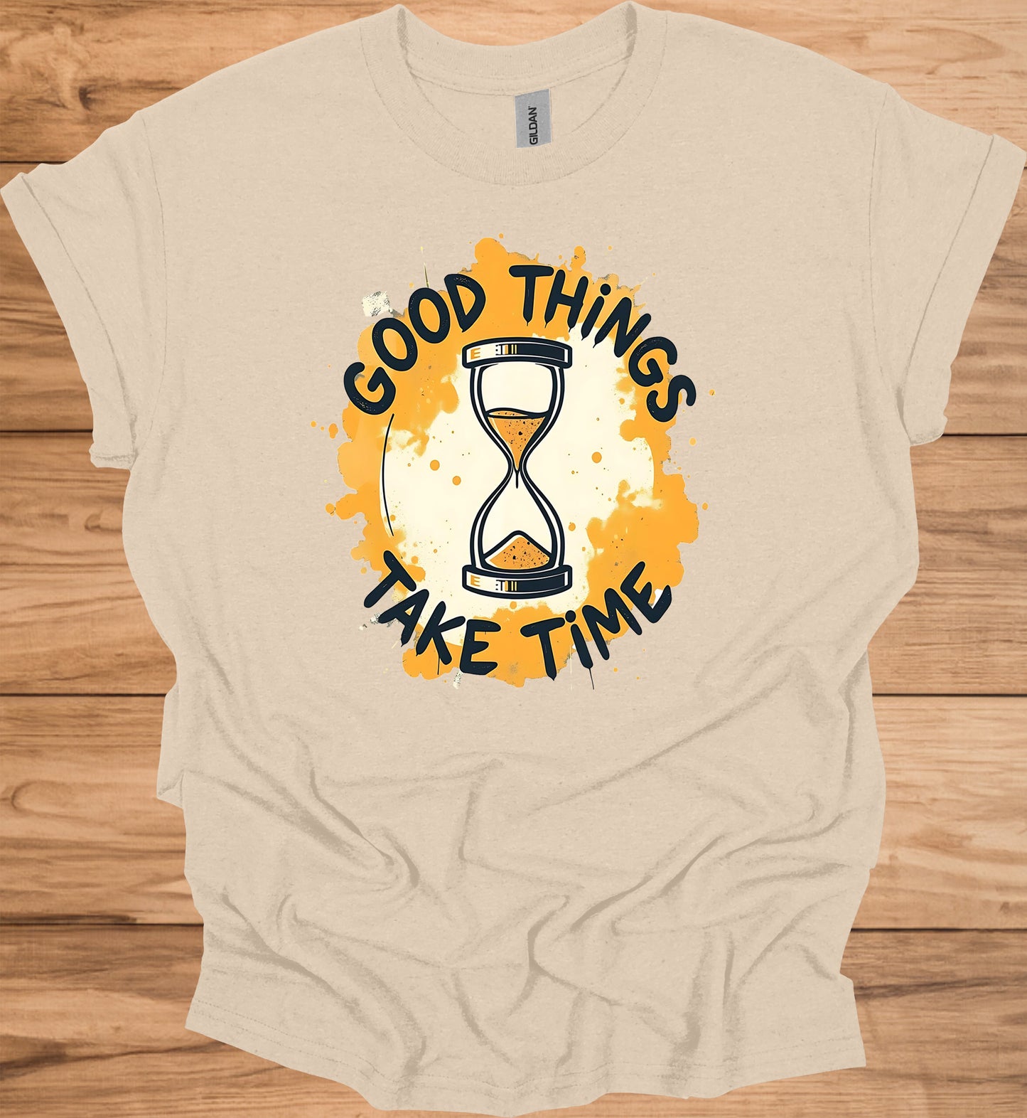 Patience Pays: Motivational Hourglass Art, Orange and Black Graffiti Style, Time Management Inspiration - Graphic Tee Shirt