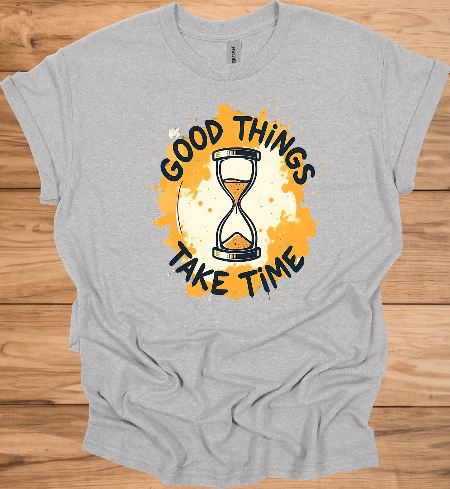Patience Pays: Motivational Hourglass Art, Orange and Black Graffiti Style, Time Management Inspiration - Graphic Tee Shirt