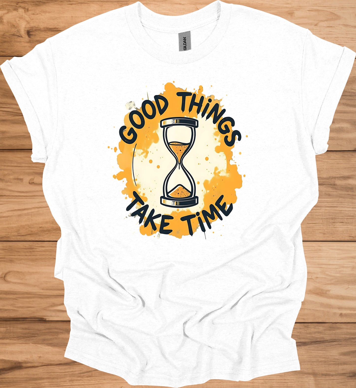 Patience Pays: Motivational Hourglass Art, Orange and Black Graffiti Style, Time Management Inspiration - Graphic Tee Shirt