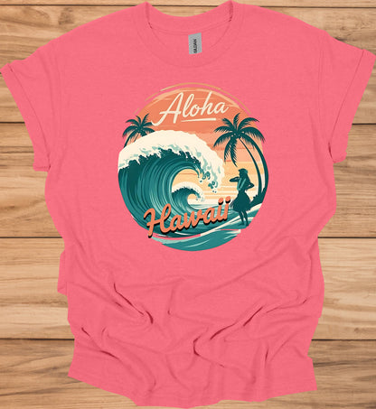 Aloha Paradise: Vintage Hawaiian Illustration, Tropical Beach Sunset, Retro Travel Poster Art - Graphic Tee Shirt