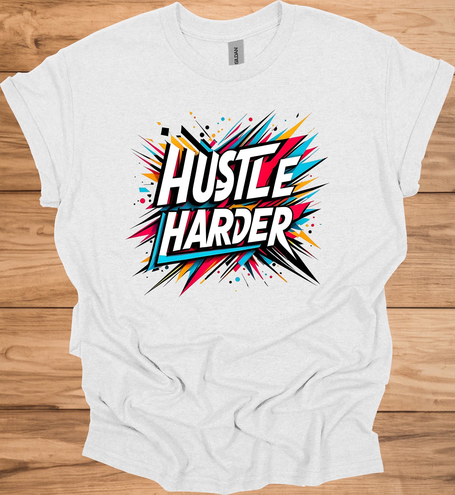 Hustle Harder: Motivational Typography Art, Vibrant Geometric Design, High-Energy Inspirational Poster - Graphic Tee Shirt