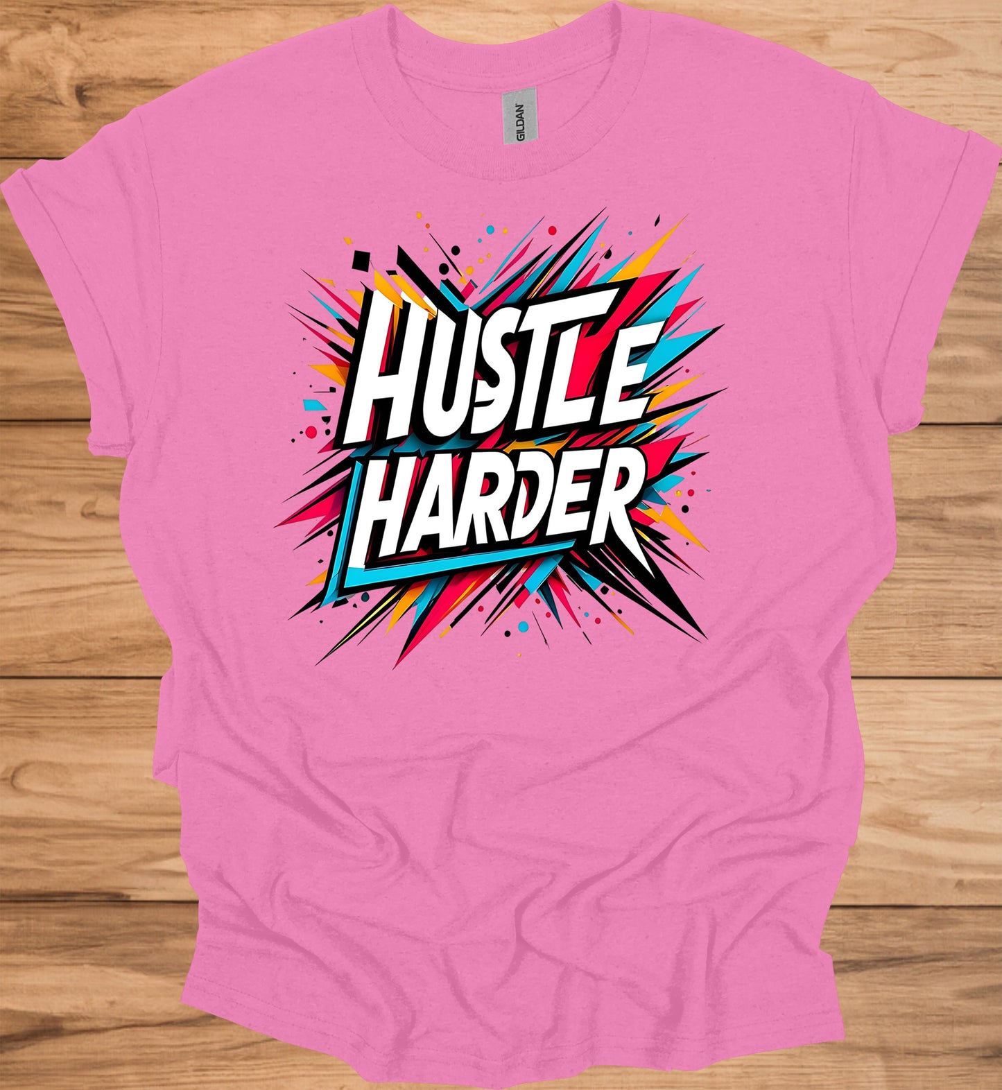 Hustle Harder: Motivational Typography Art, Vibrant Geometric Design, High-Energy Inspirational Poster - Graphic Tee Shirt