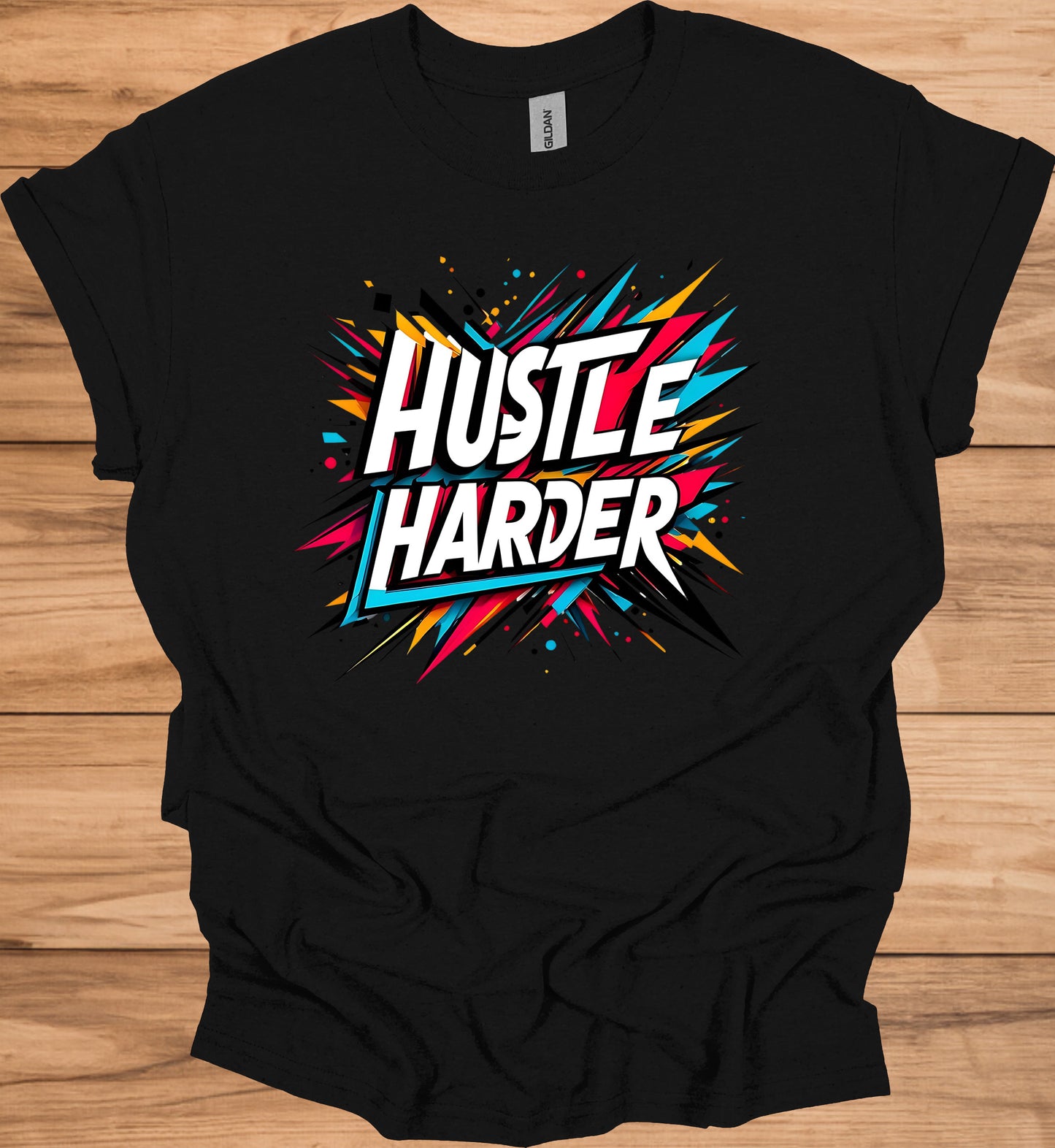 Hustle Harder: Motivational Typography Art, Vibrant Geometric Design, High-Energy Inspirational Poster - Graphic Tee Shirt