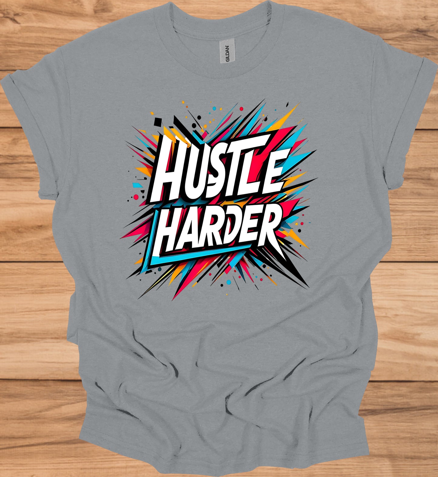 Hustle Harder: Motivational Typography Art, Vibrant Geometric Design, High-Energy Inspirational Poster - Graphic Tee Shirt