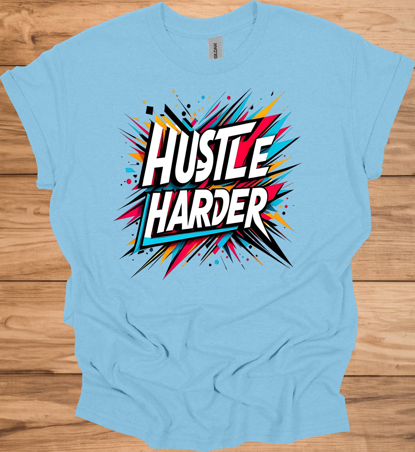 Hustle Harder: Motivational Typography Art, Vibrant Geometric Design, High-Energy Inspirational Poster - Graphic Tee Shirt