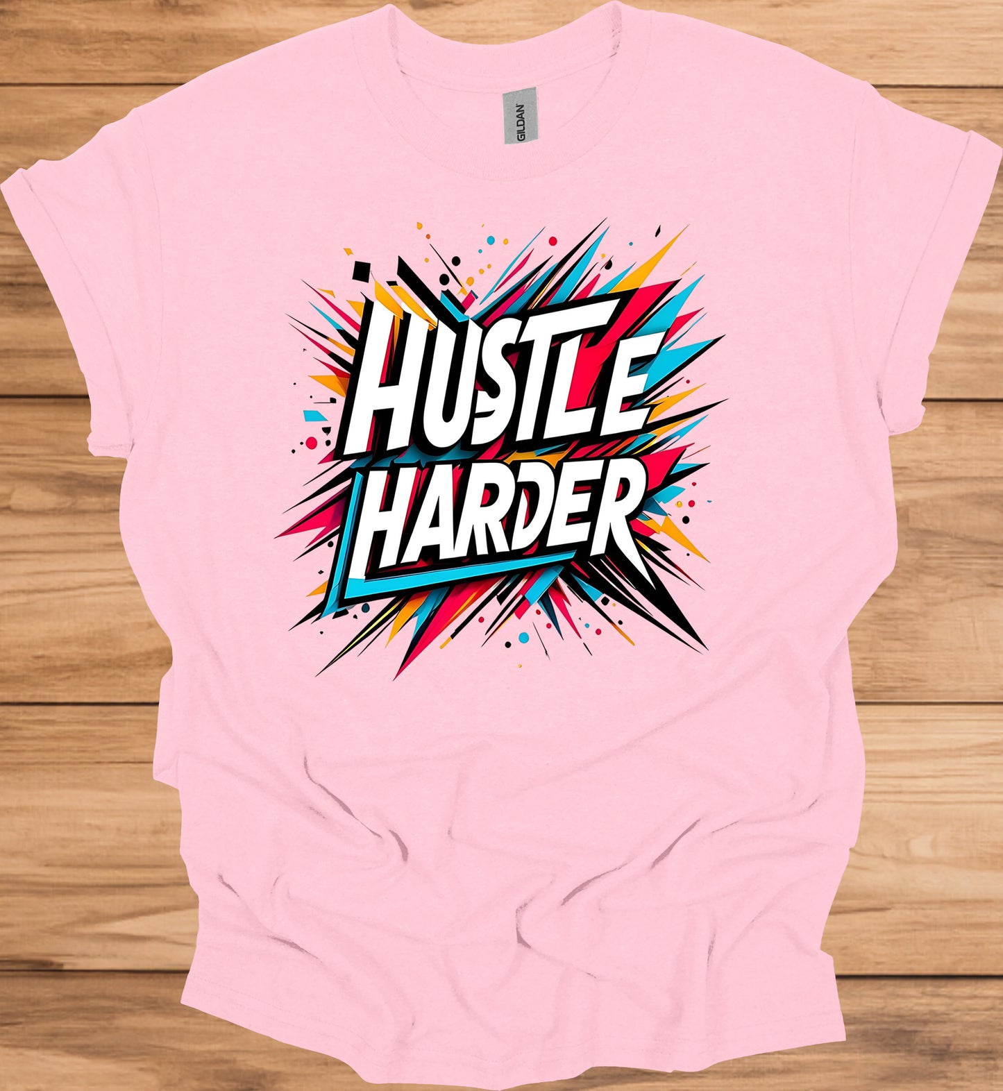 Hustle Harder: Motivational Typography Art, Vibrant Geometric Design, High-Energy Inspirational Poster - Graphic Tee Shirt