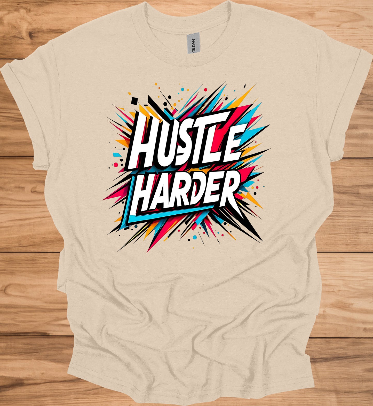 Hustle Harder: Motivational Typography Art, Vibrant Geometric Design, High-Energy Inspirational Poster - Graphic Tee Shirt