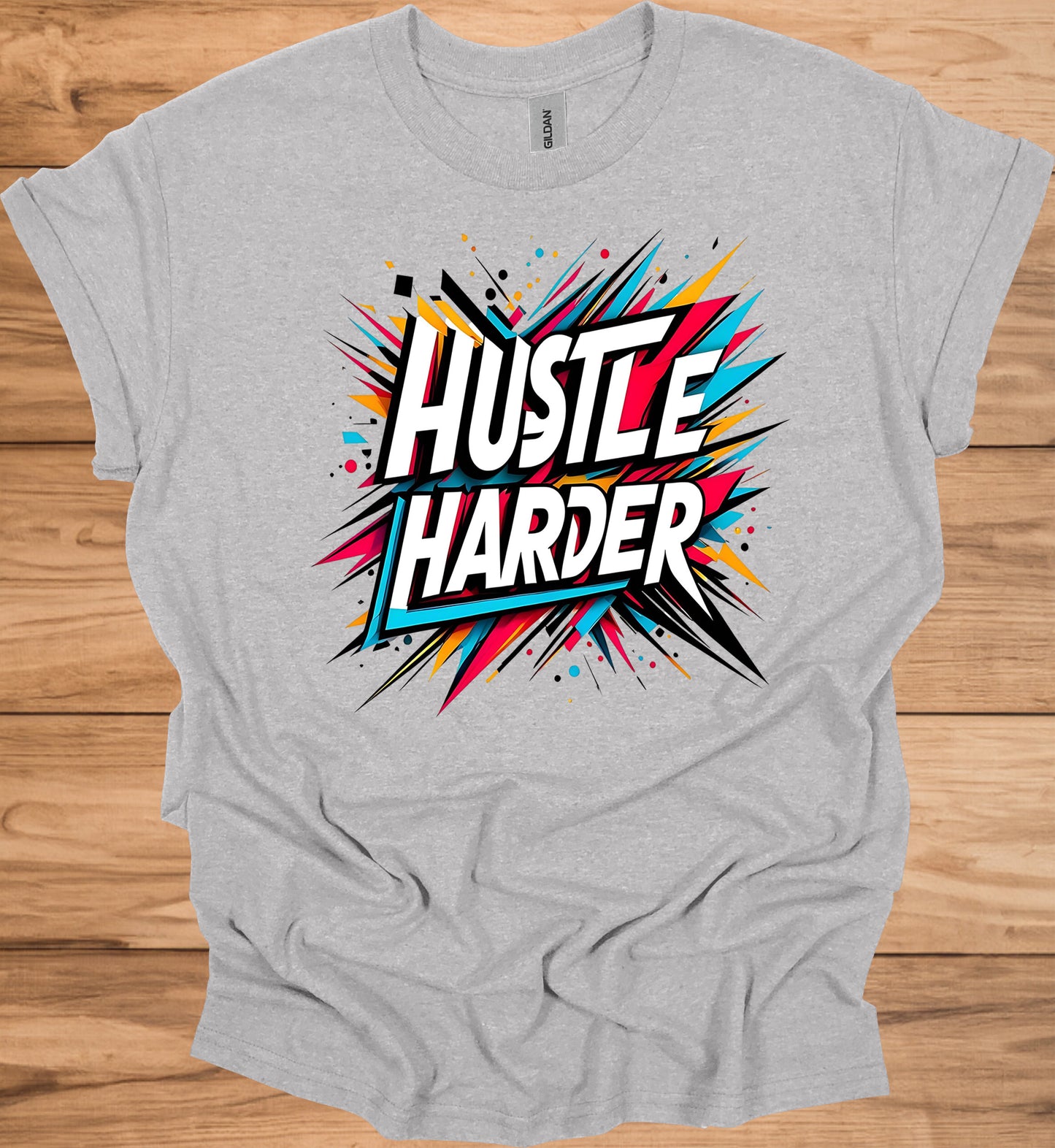 Hustle Harder: Motivational Typography Art, Vibrant Geometric Design, High-Energy Inspirational Poster - Graphic Tee Shirt