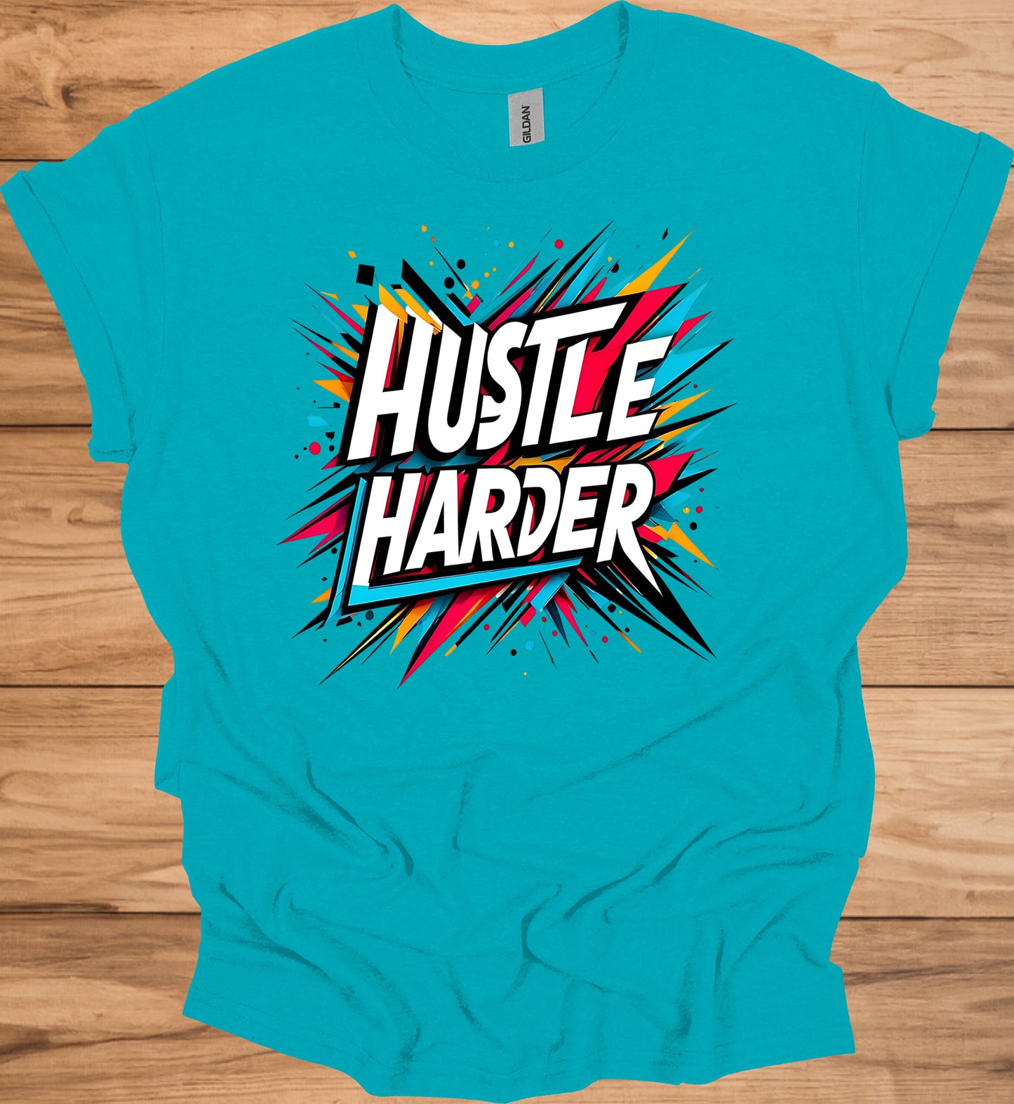 Hustle Harder: Motivational Typography Art, Vibrant Geometric Design, High-Energy Inspirational Poster - Graphic Tee Shirt
