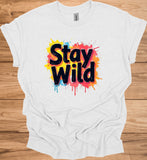 Stay Wild: Vibrant Typographic Art, Graffiti-Inspired Design, Colorful Paint Splatter Background - Graphic Tee Shirt