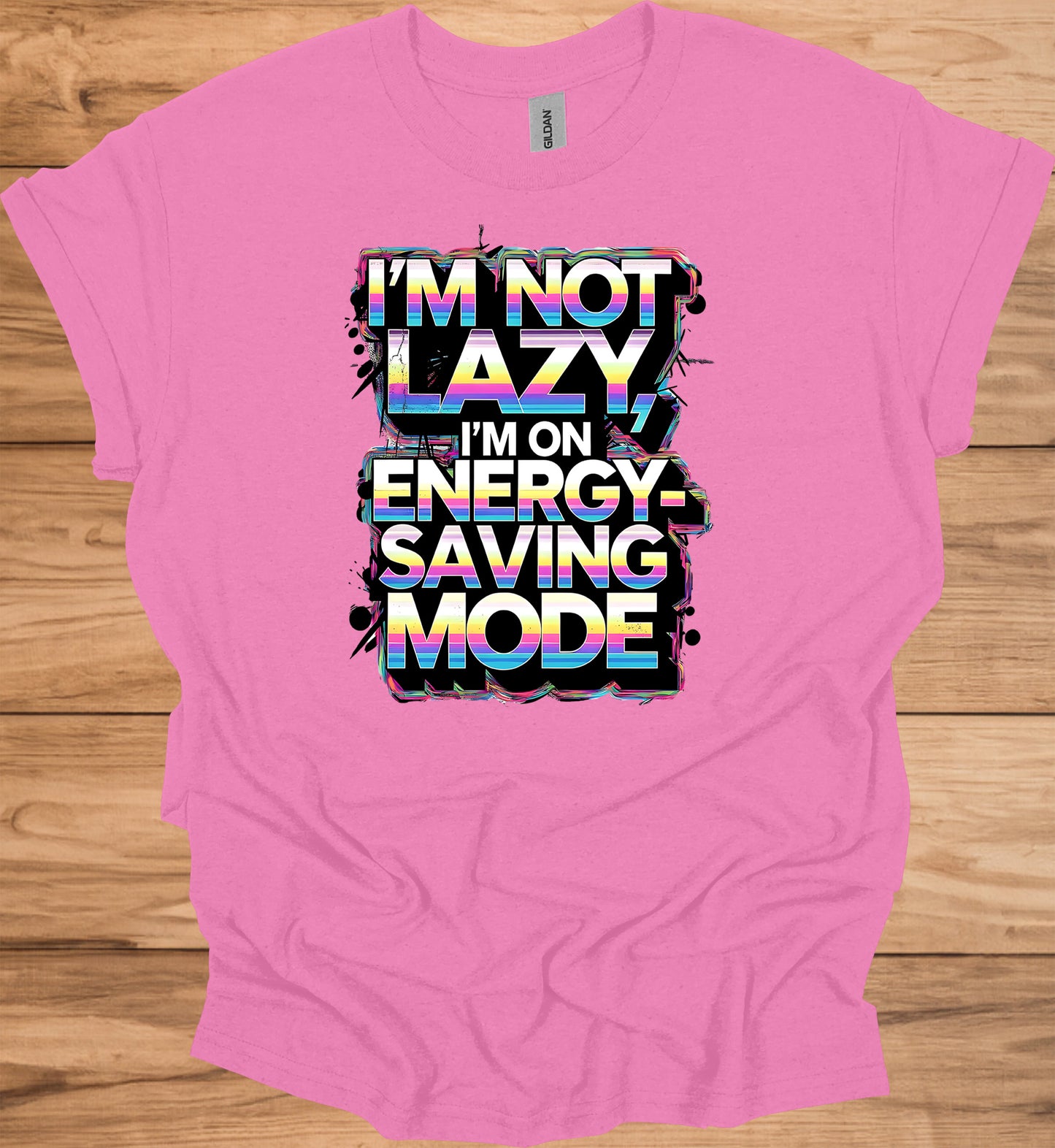 Energy-Saving Mode: Humorous Typography Art, Retro 80s Style Graphic, Rainbow Gradient Text Design - Graphic Tee Shirt