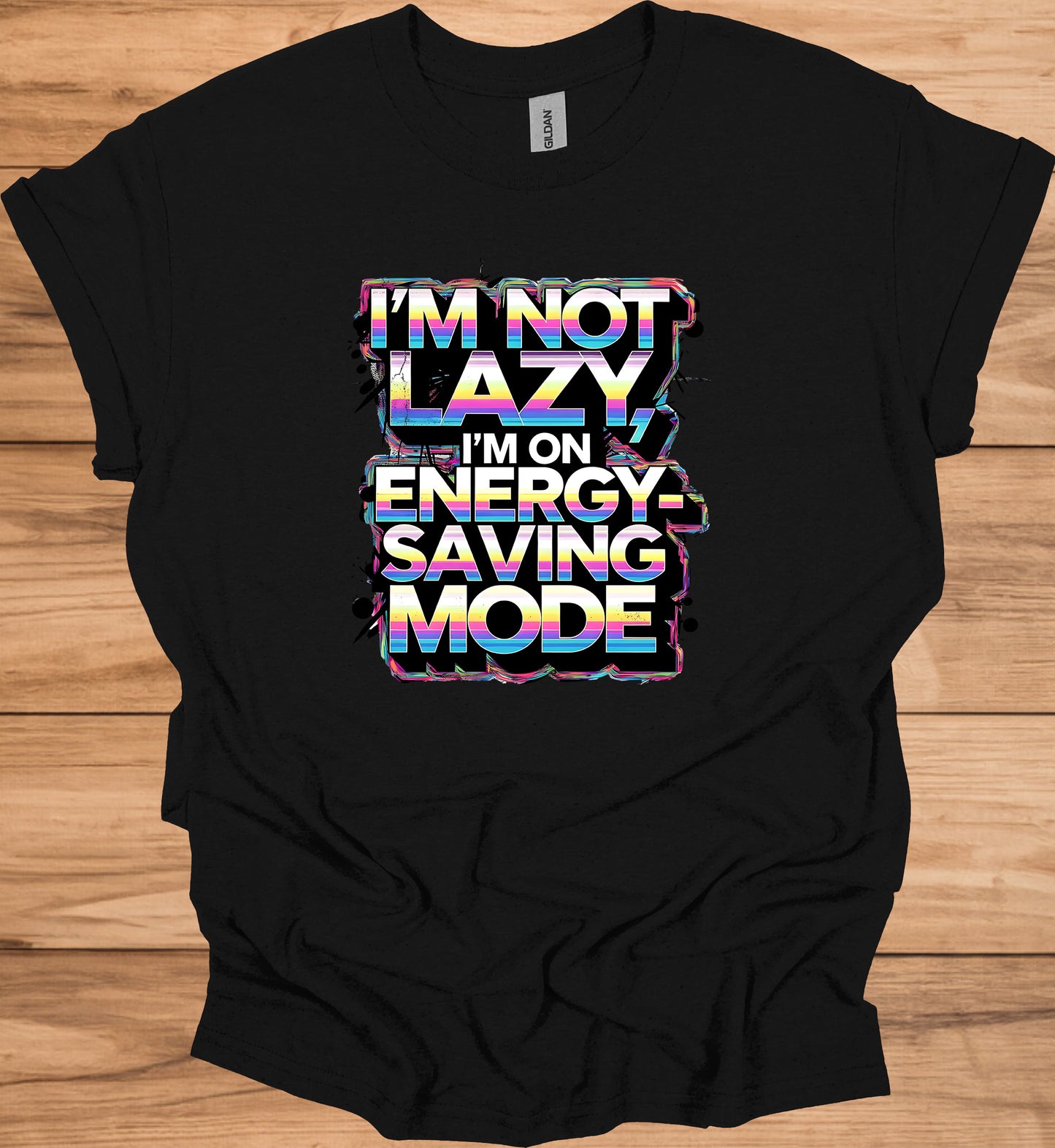 Energy-Saving Mode: Humorous Typography Art, Retro 80s Style Graphic, Rainbow Gradient Text Design - Graphic Tee Shirt