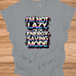 Energy-Saving Mode: Humorous Typography Art, Retro 80s Style Graphic, Rainbow Gradient Text Design - Graphic Tee Shirt