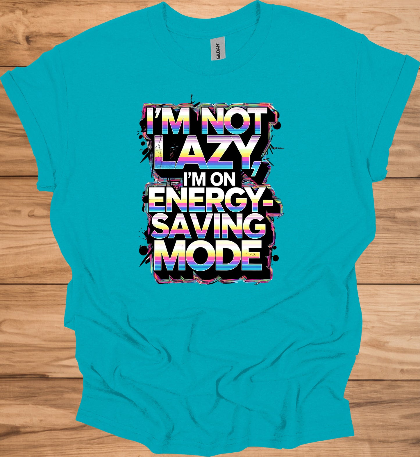 Energy-Saving Mode: Humorous Typography Art, Retro 80s Style Graphic, Rainbow Gradient Text Design - Graphic Tee Shirt