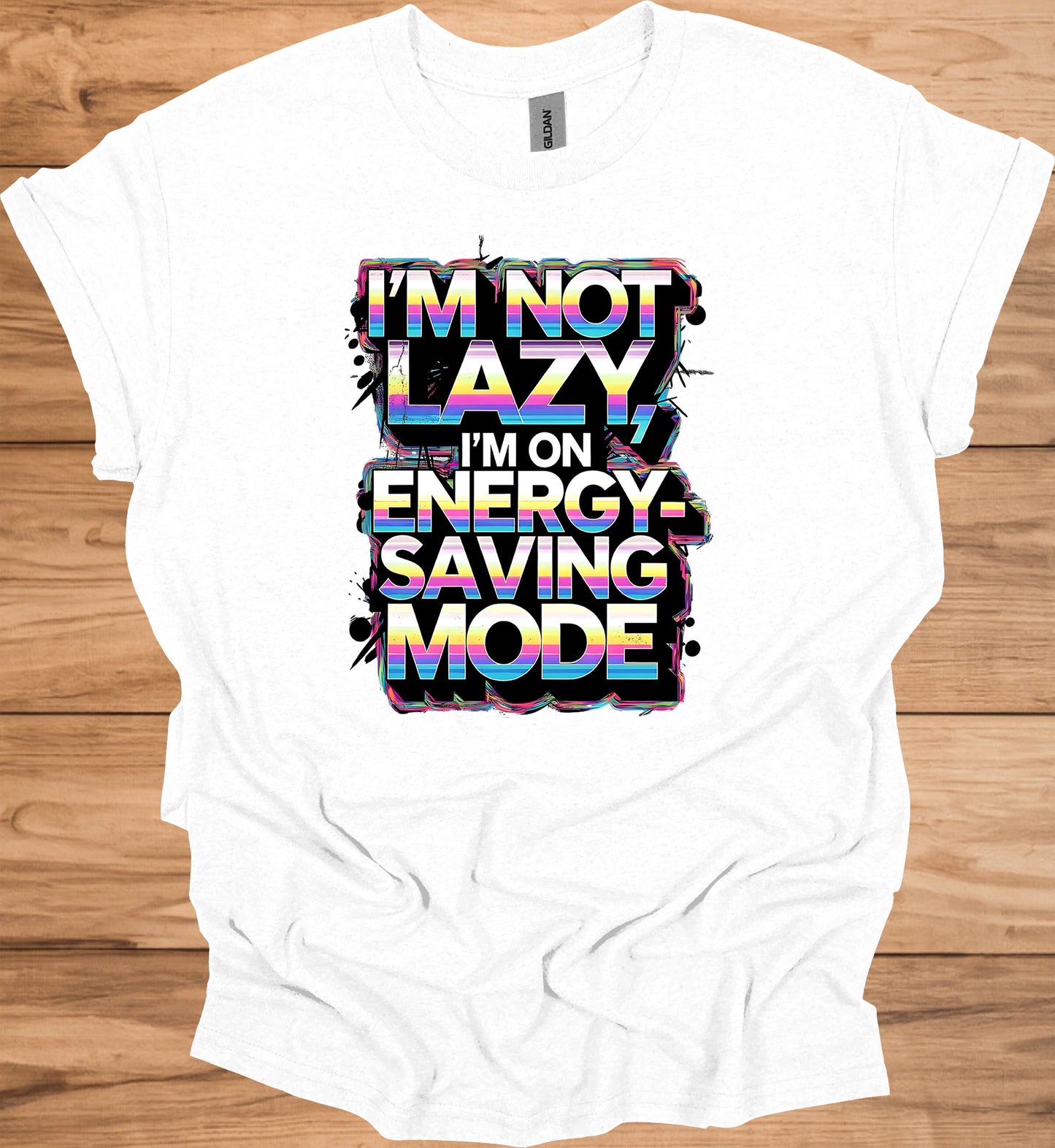Energy-Saving Mode: Humorous Typography Art, Retro 80s Style Graphic, Rainbow Gradient Text Design - Graphic Tee Shirt