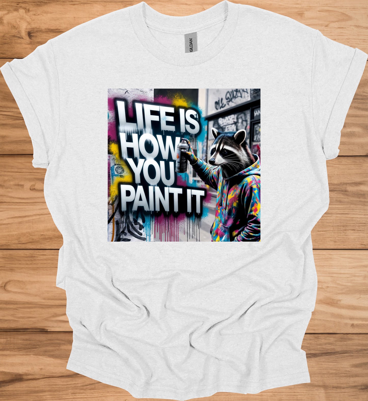 Urban Canvas: Raccoon Street Artist, Colorful Graffiti Mural, Inspirational Street Art - Graphic Tee Shirt