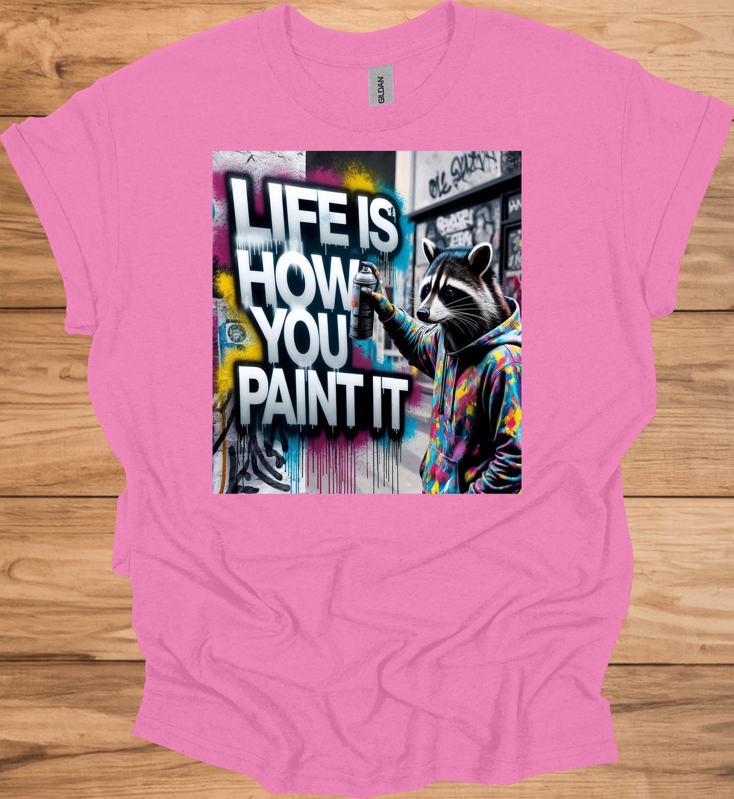 Urban Canvas: Raccoon Street Artist, Colorful Graffiti Mural, Inspirational Street Art - Graphic Tee Shirt