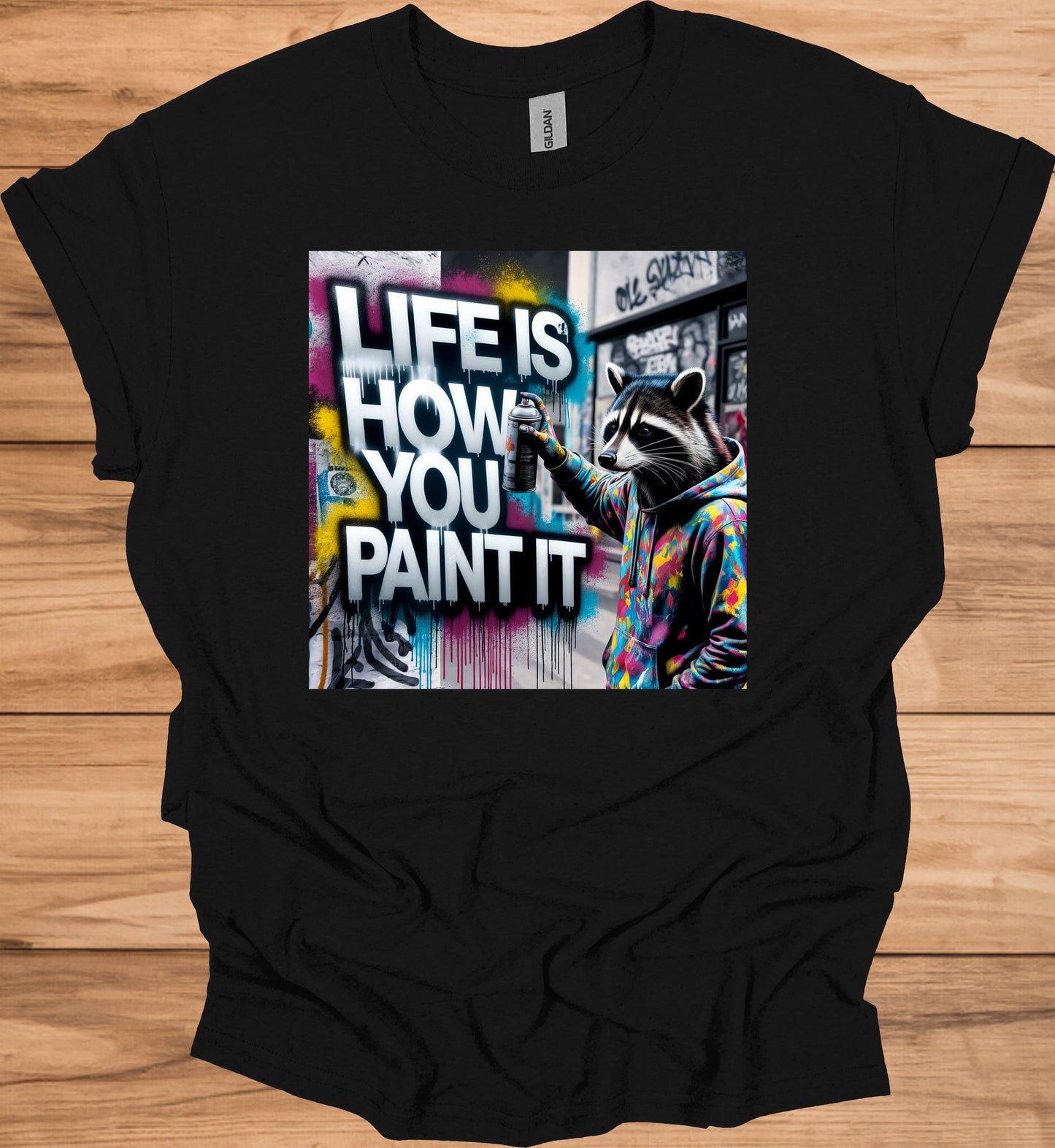 Urban Canvas: Raccoon Street Artist, Colorful Graffiti Mural, Inspirational Street Art - Graphic Tee Shirt