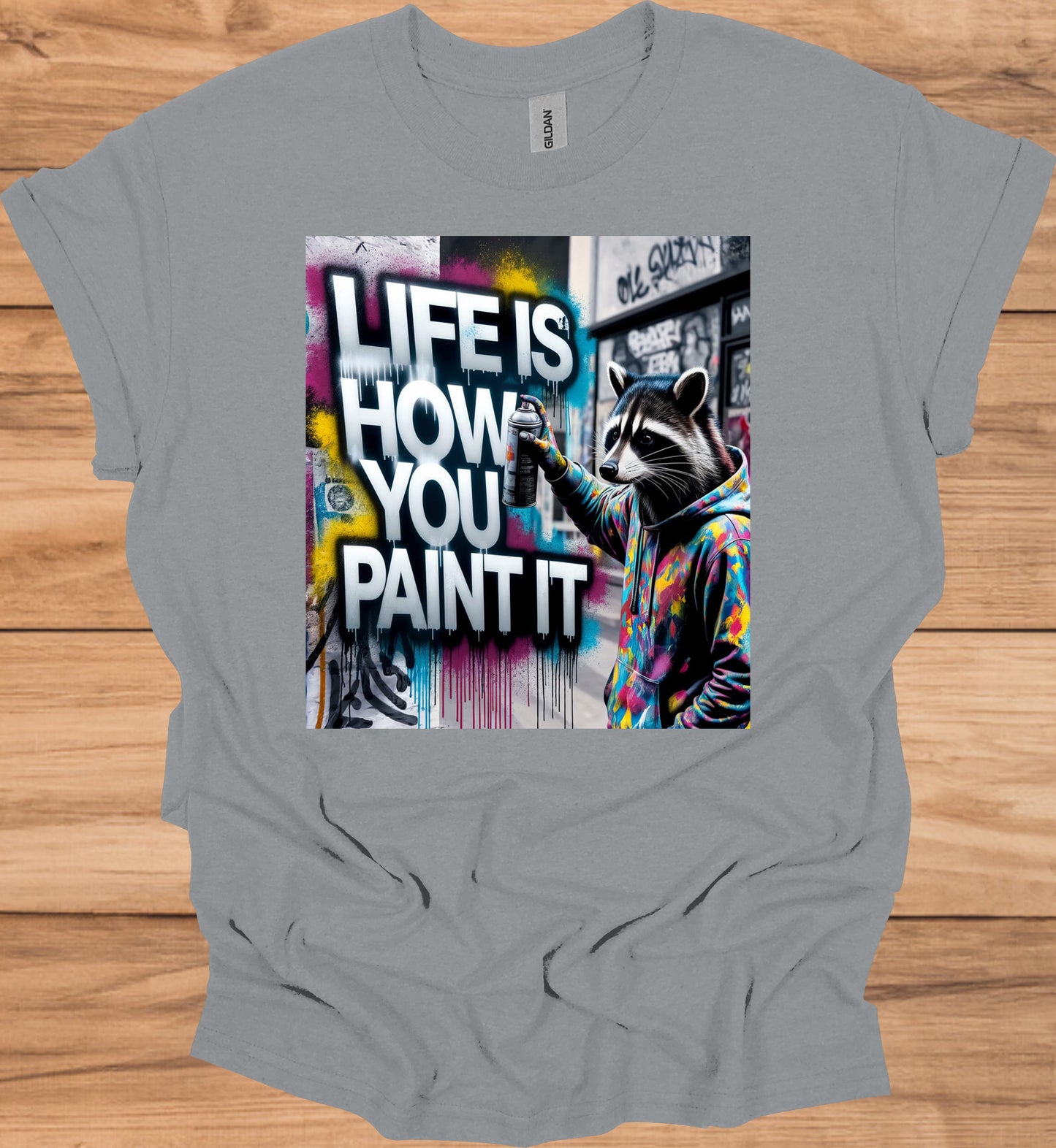 Urban Canvas: Raccoon Street Artist, Colorful Graffiti Mural, Inspirational Street Art - Graphic Tee Shirt