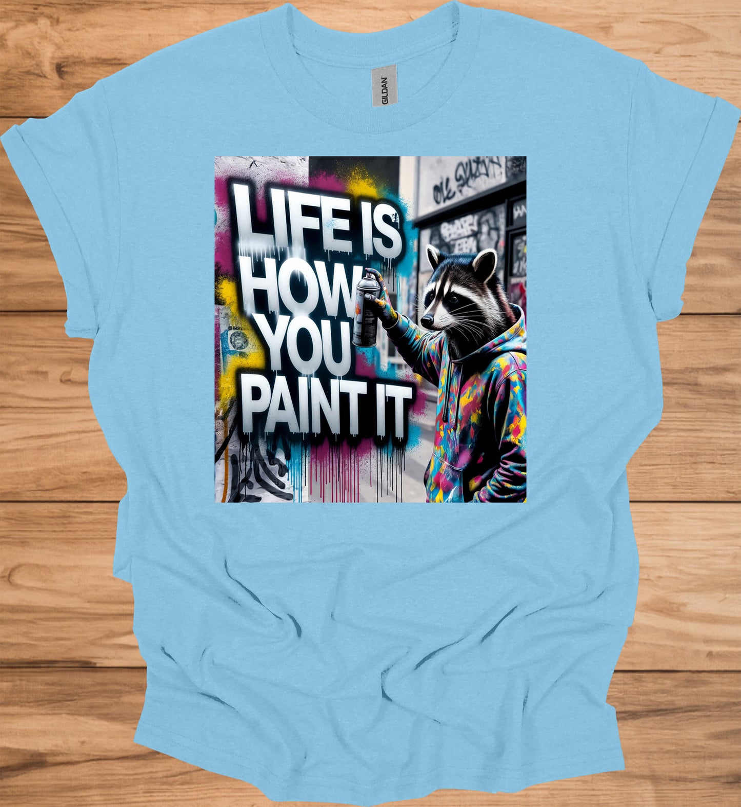 Urban Canvas: Raccoon Street Artist, Colorful Graffiti Mural, Inspirational Street Art - Graphic Tee Shirt