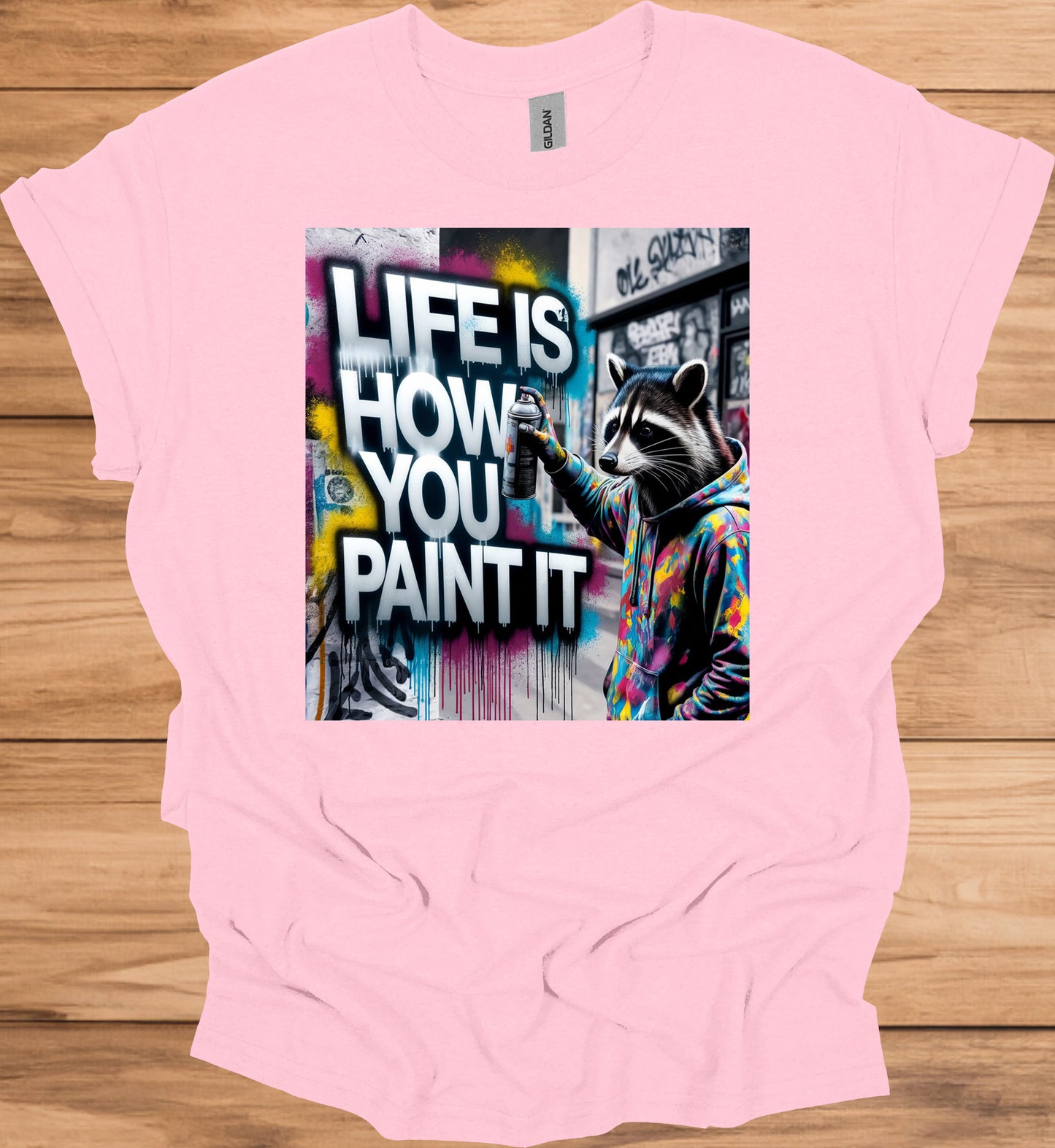 Urban Canvas: Raccoon Street Artist, Colorful Graffiti Mural, Inspirational Street Art - Graphic Tee Shirt