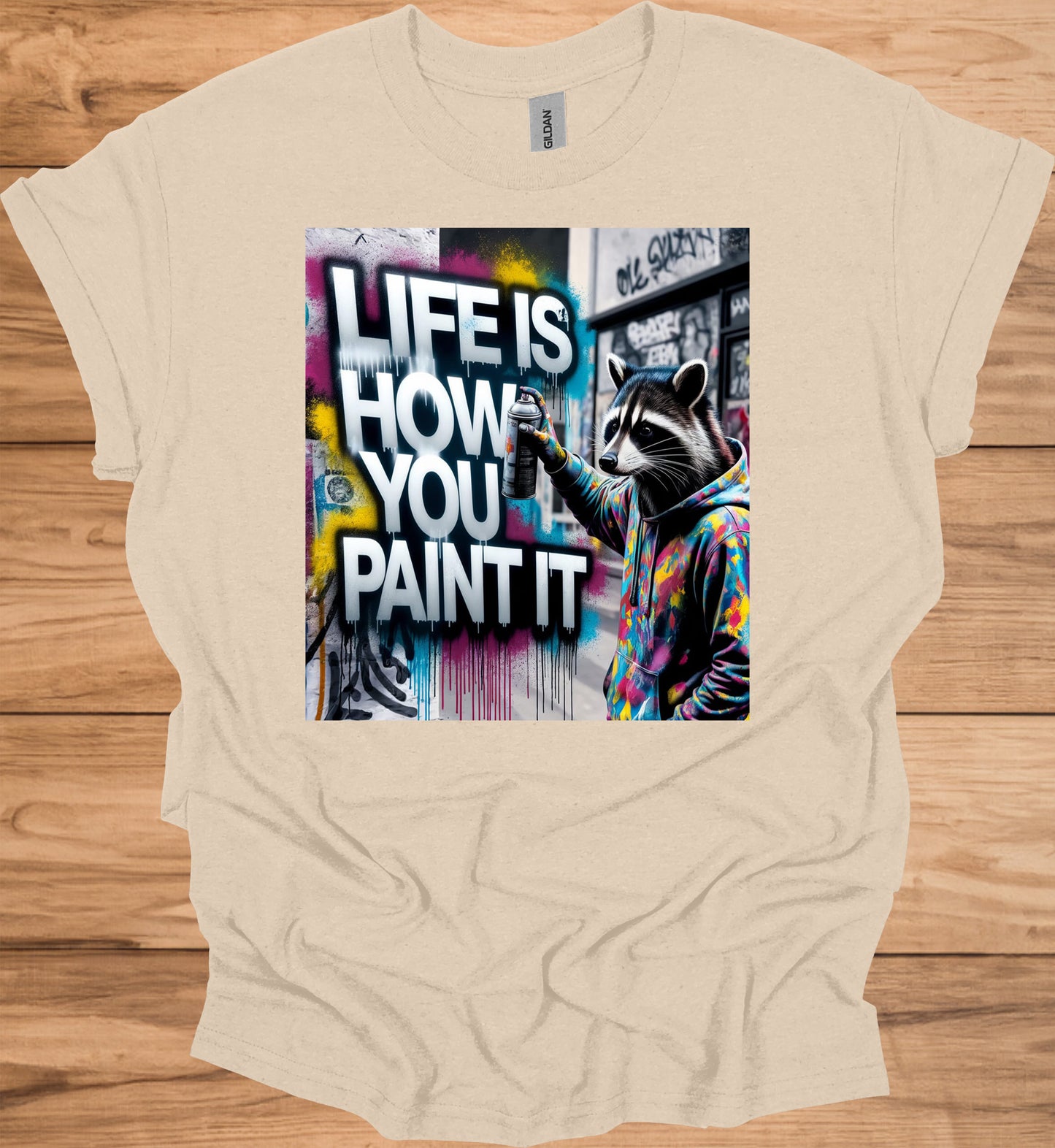 Urban Canvas: Raccoon Street Artist, Colorful Graffiti Mural, Inspirational Street Art - Graphic Tee Shirt