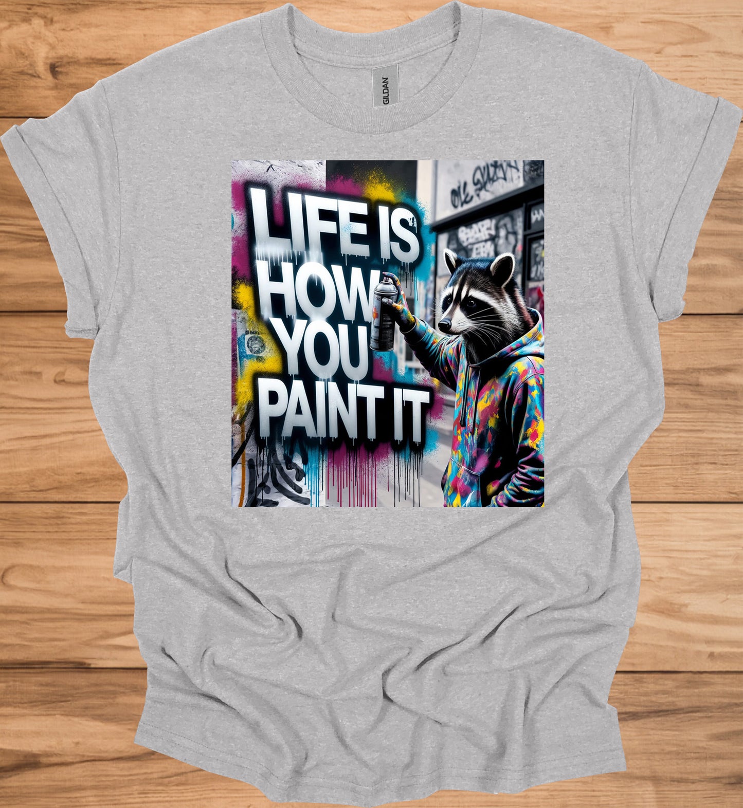Urban Canvas: Raccoon Street Artist, Colorful Graffiti Mural, Inspirational Street Art - Graphic Tee Shirt