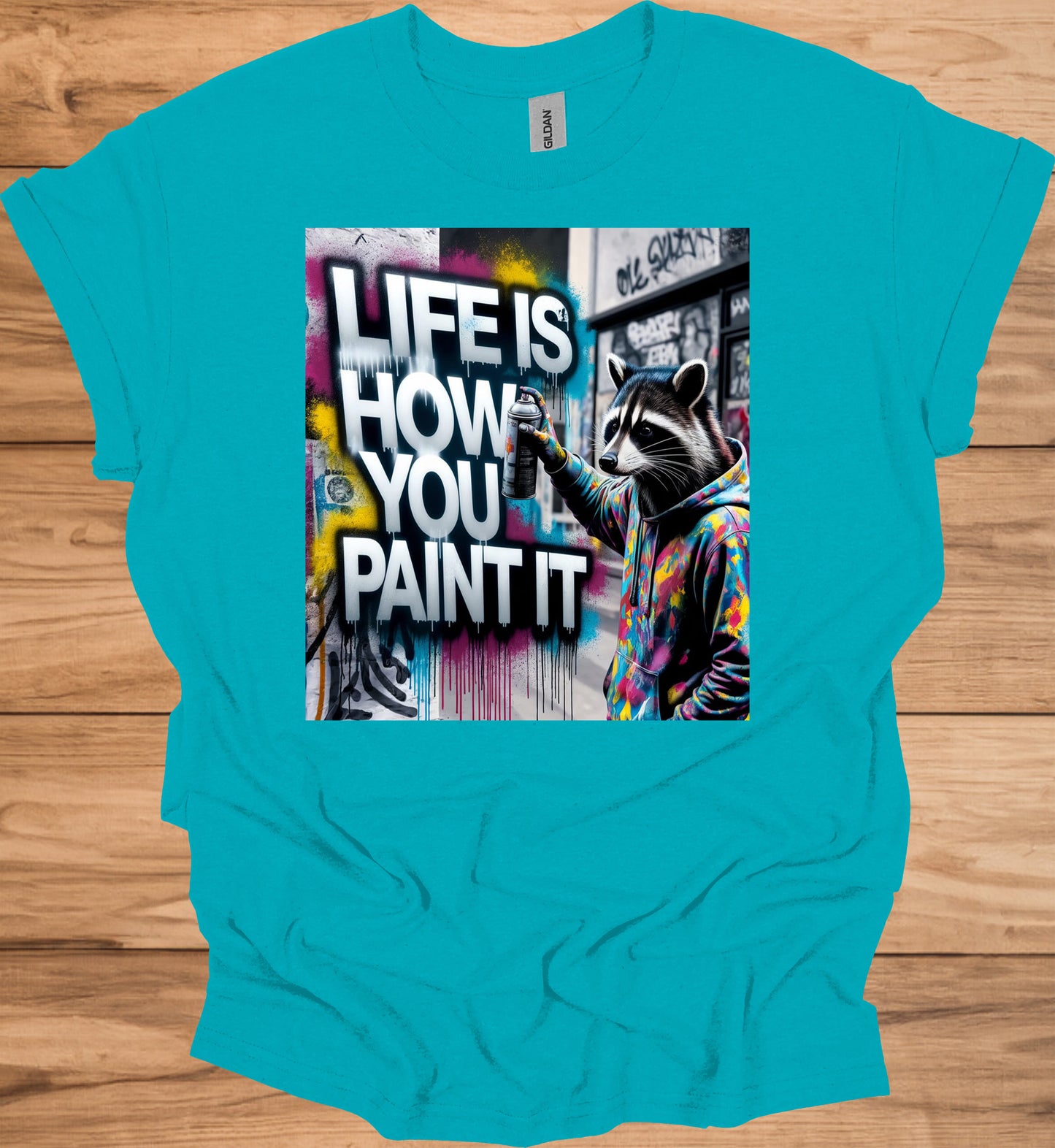 Urban Canvas: Raccoon Street Artist, Colorful Graffiti Mural, Inspirational Street Art - Graphic Tee Shirt