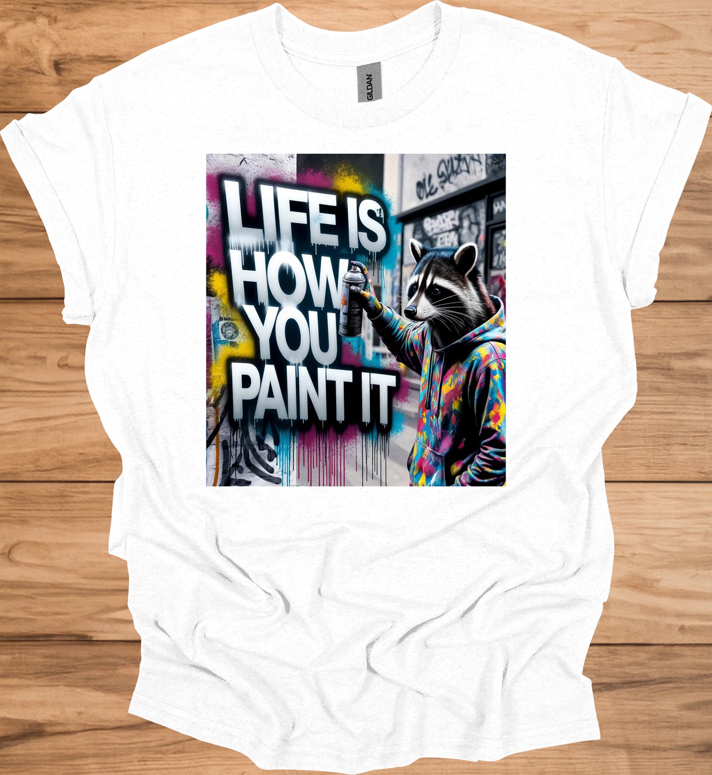 Urban Canvas: Raccoon Street Artist, Colorful Graffiti Mural, Inspirational Street Art - Graphic Tee Shirt