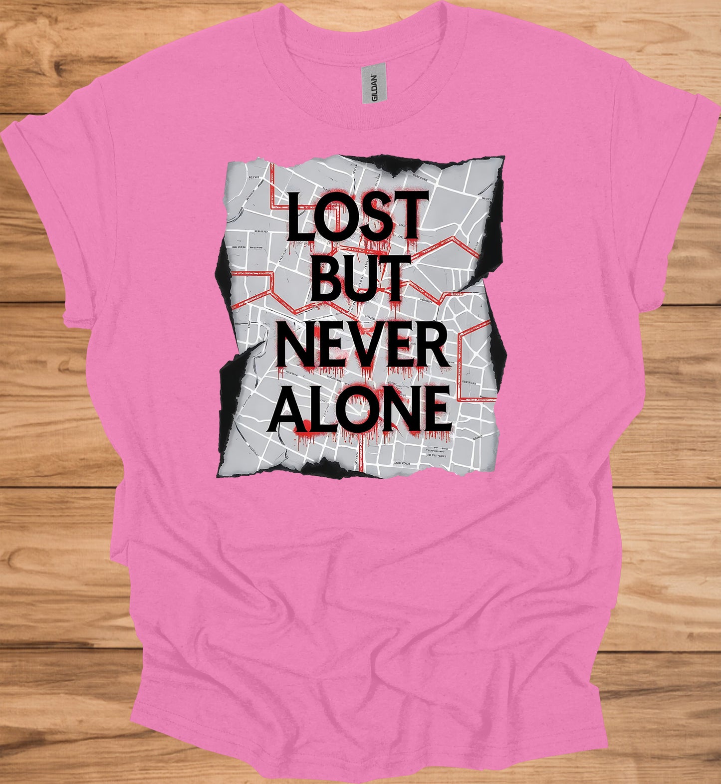Urban Resilience: Lost but Never Alone, Grunge City Map Art, Typographic Street Design - Graphic Tee Shirt