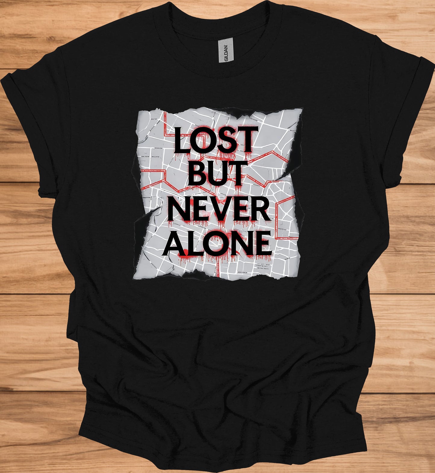 Urban Resilience: Lost but Never Alone, Grunge City Map Art, Typographic Street Design - Graphic Tee Shirt