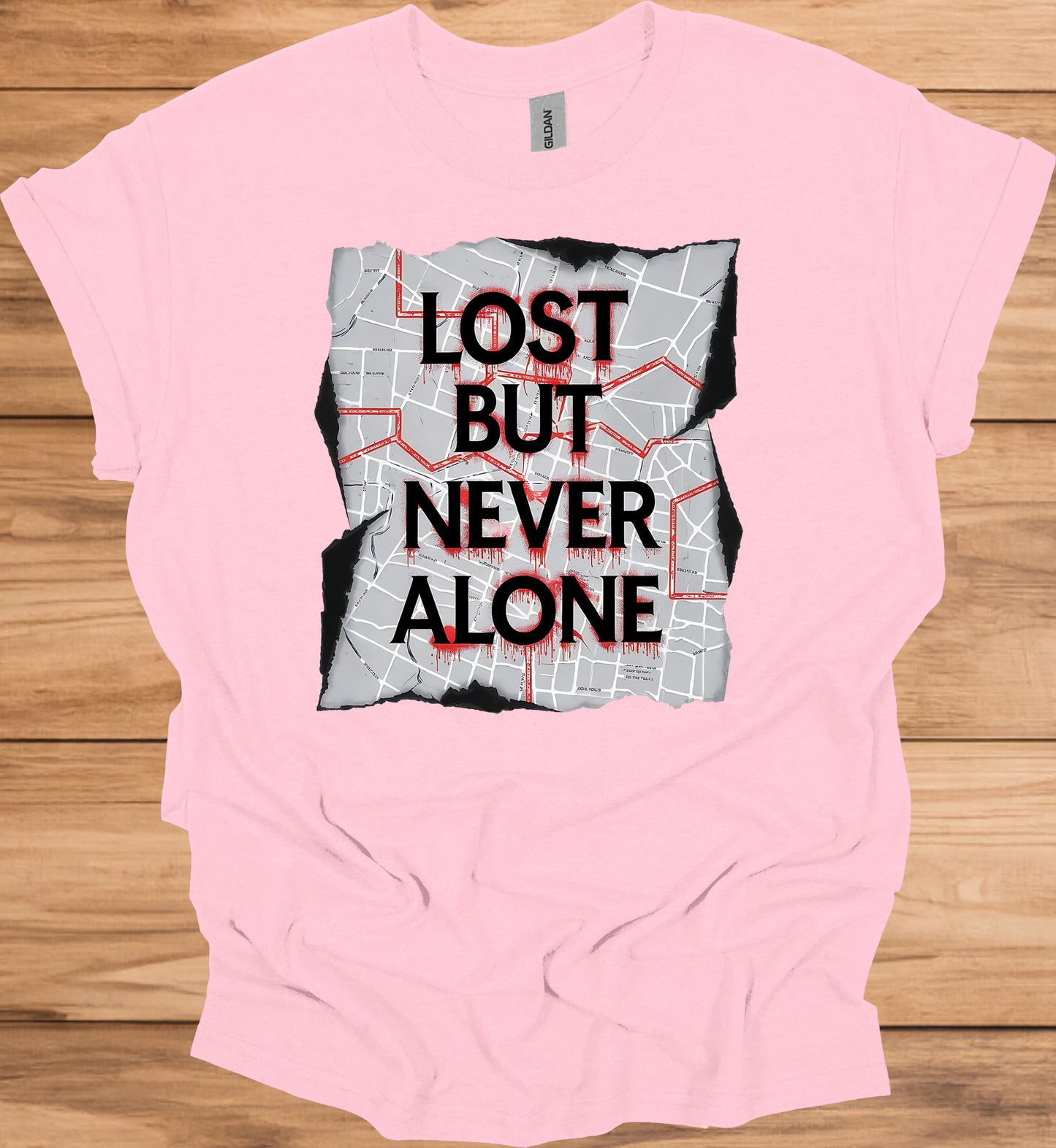 Urban Resilience: Lost but Never Alone, Grunge City Map Art, Typographic Street Design - Graphic Tee Shirt
