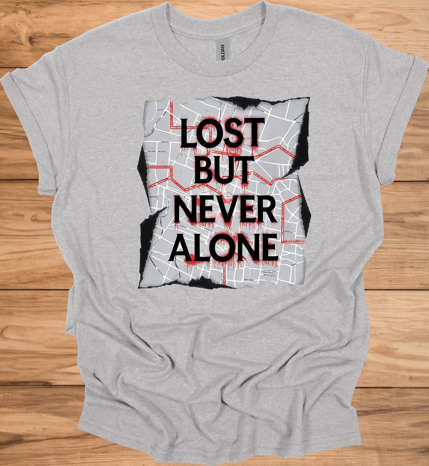 Urban Resilience: Lost but Never Alone, Grunge City Map Art, Typographic Street Design - Graphic Tee Shirt