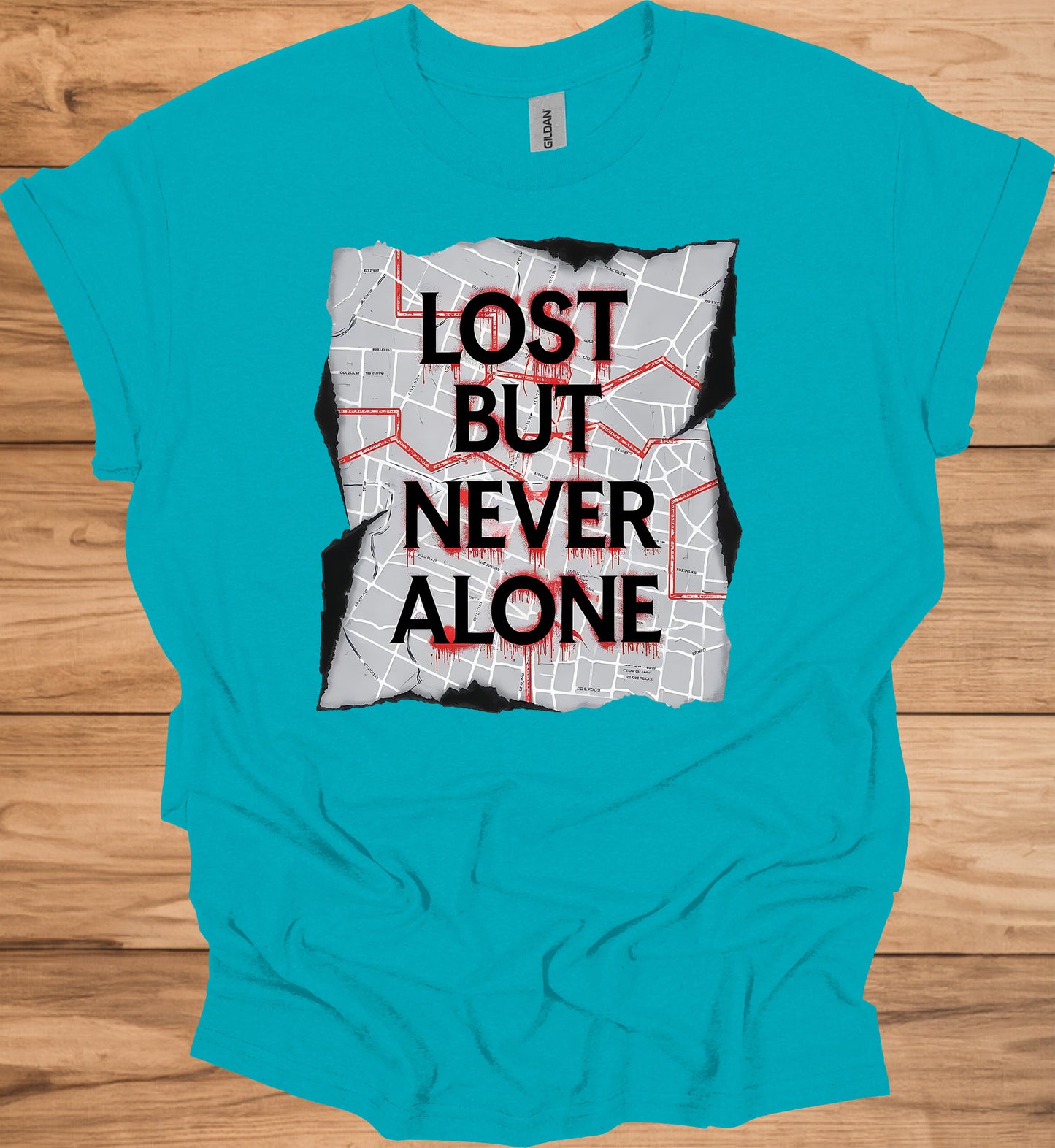 Urban Resilience: Lost but Never Alone, Grunge City Map Art, Typographic Street Design - Graphic Tee Shirt