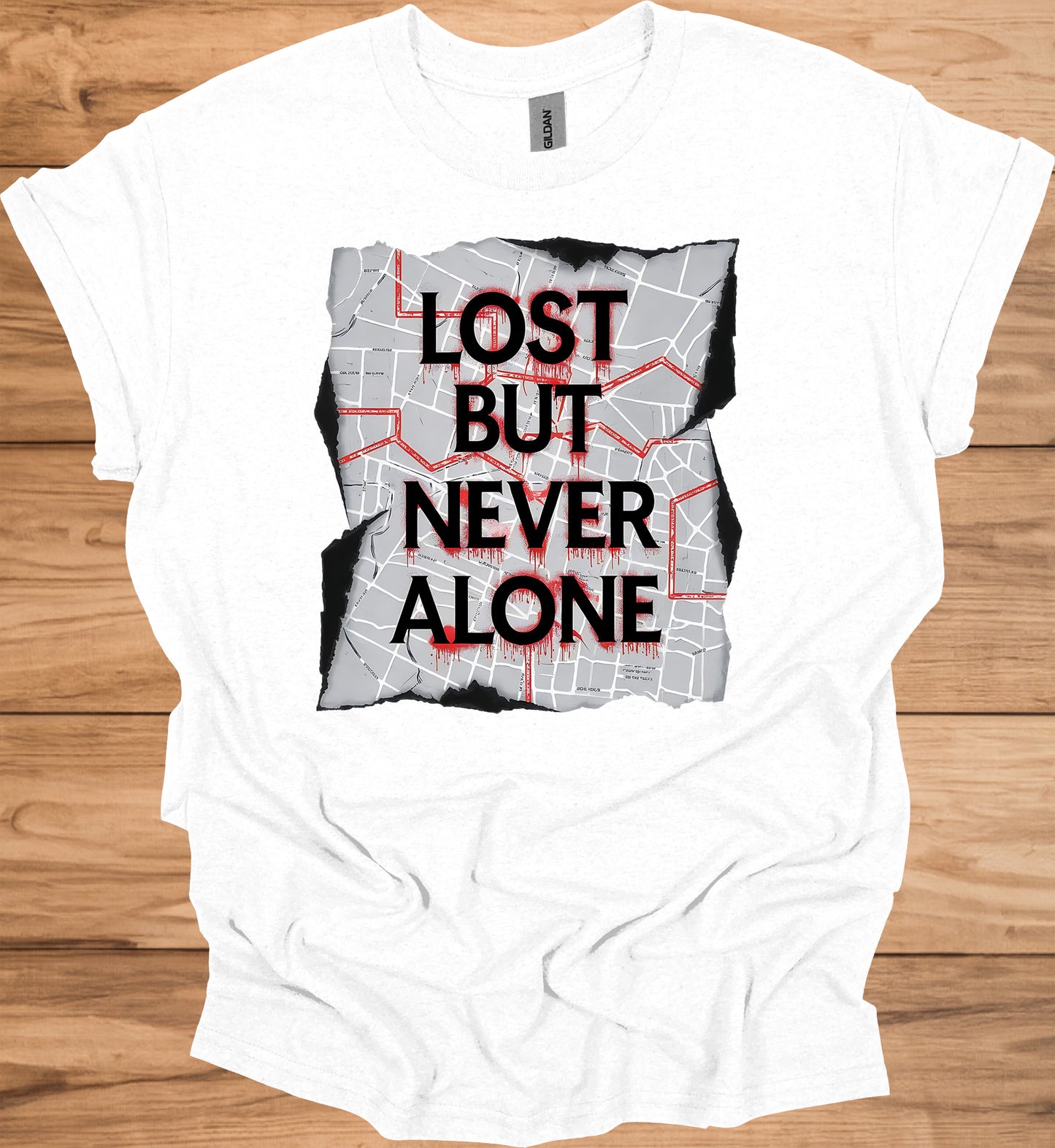 Urban Resilience: Lost but Never Alone, Grunge City Map Art, Typographic Street Design - Graphic Tee Shirt