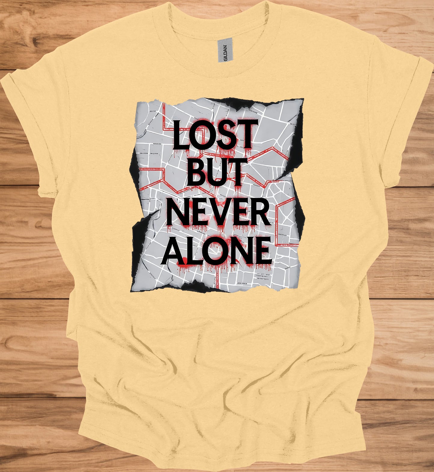 Urban Resilience: Lost but Never Alone, Grunge City Map Art, Typographic Street Design - Graphic Tee Shirt