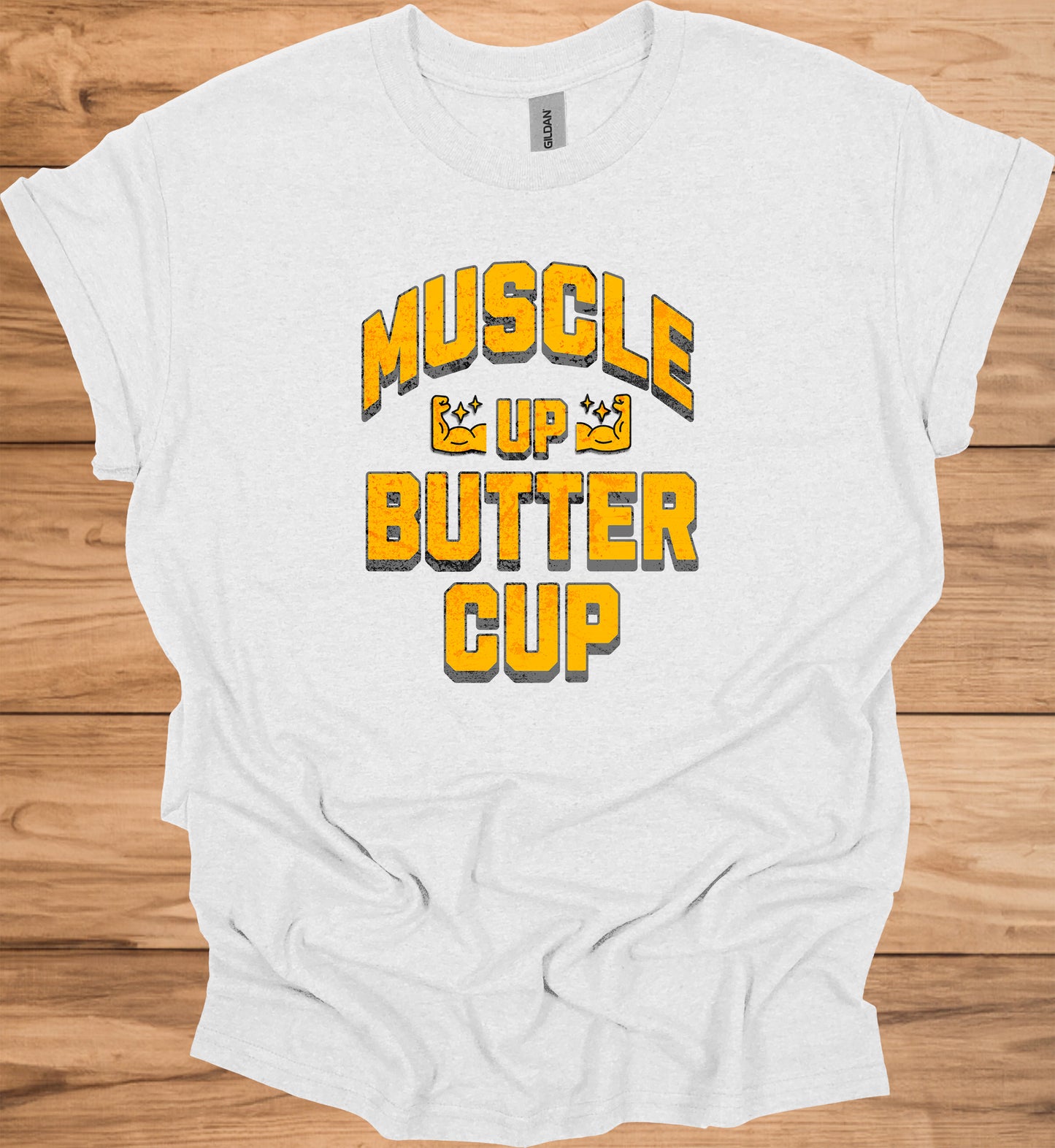 Muscle Up Buttercup: Retro Fitness Motivation, Grungy Gym Typography, Bold Yellow on Black Design - Graphic Tee Shirt