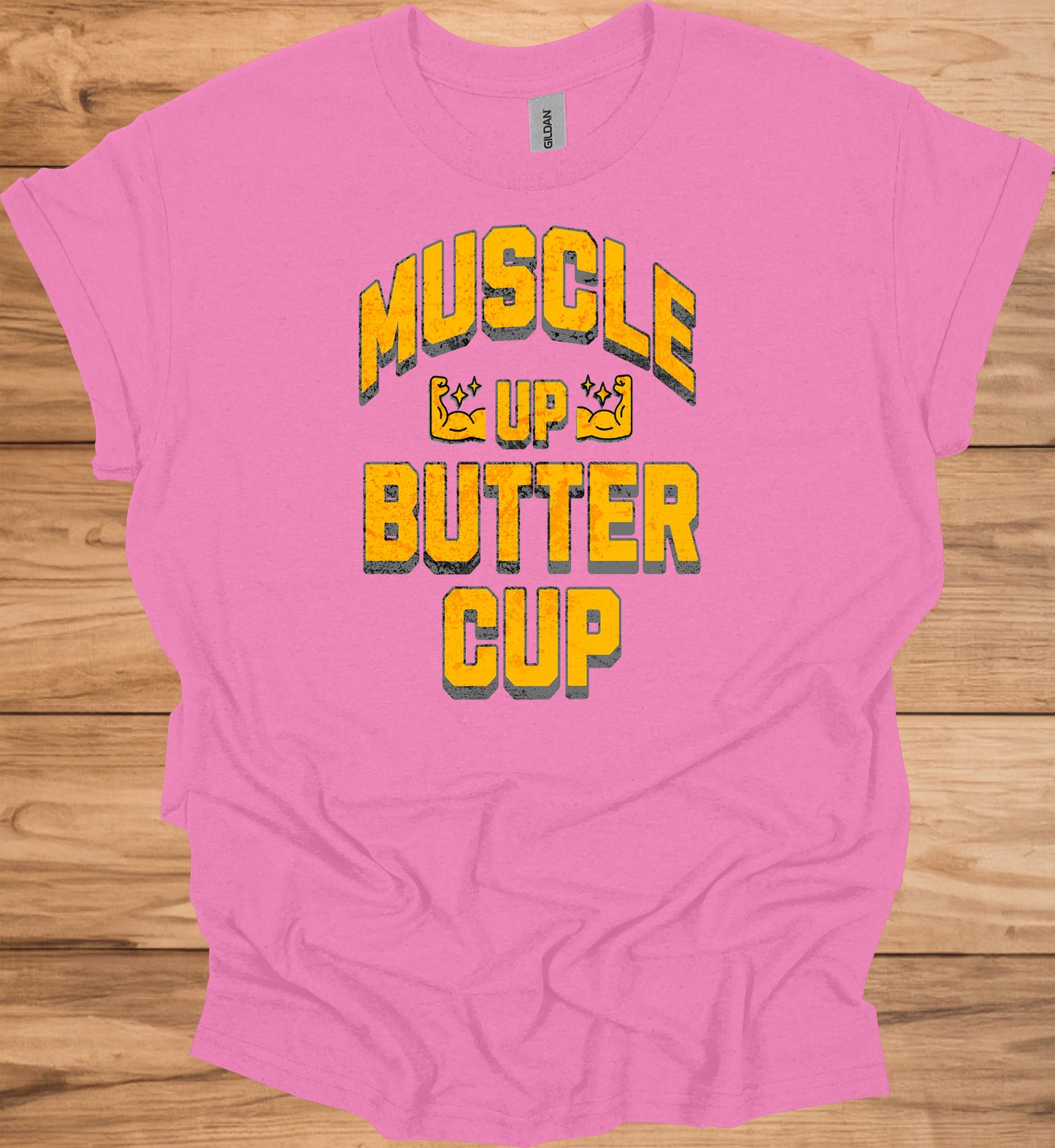 Muscle Up Buttercup: Retro Fitness Motivation, Grungy Gym Typography, Bold Yellow on Black Design - Graphic Tee Shirt