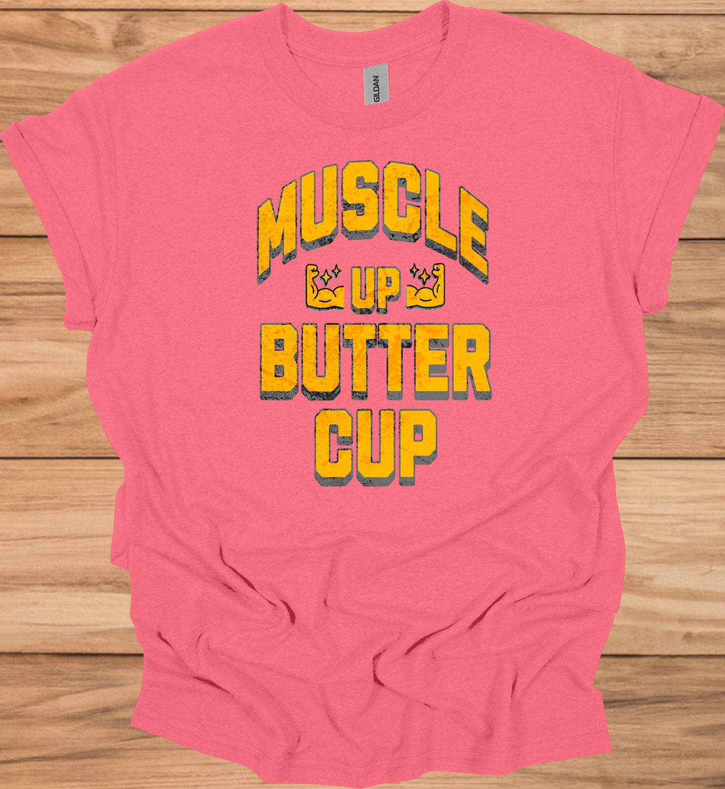 Muscle Up Buttercup: Retro Fitness Motivation, Grungy Gym Typography, Bold Yellow on Black Design - Graphic Tee Shirt