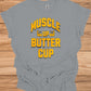 Muscle Up Buttercup: Retro Fitness Motivation, Grungy Gym Typography, Bold Yellow on Black Design - Graphic Tee Shirt