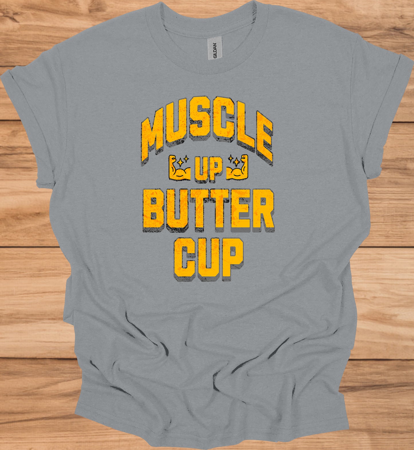 Muscle Up Buttercup: Retro Fitness Motivation, Grungy Gym Typography, Bold Yellow on Black Design - Graphic Tee Shirt