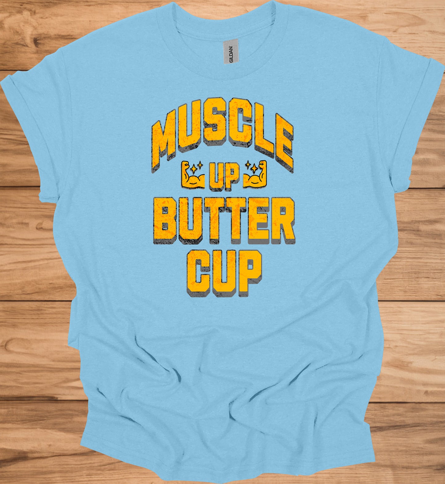 Muscle Up Buttercup: Retro Fitness Motivation, Grungy Gym Typography, Bold Yellow on Black Design - Graphic Tee Shirt