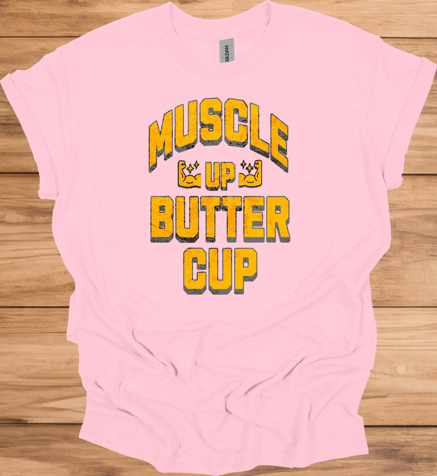 Muscle Up Buttercup: Retro Fitness Motivation, Grungy Gym Typography, Bold Yellow on Black Design - Graphic Tee Shirt