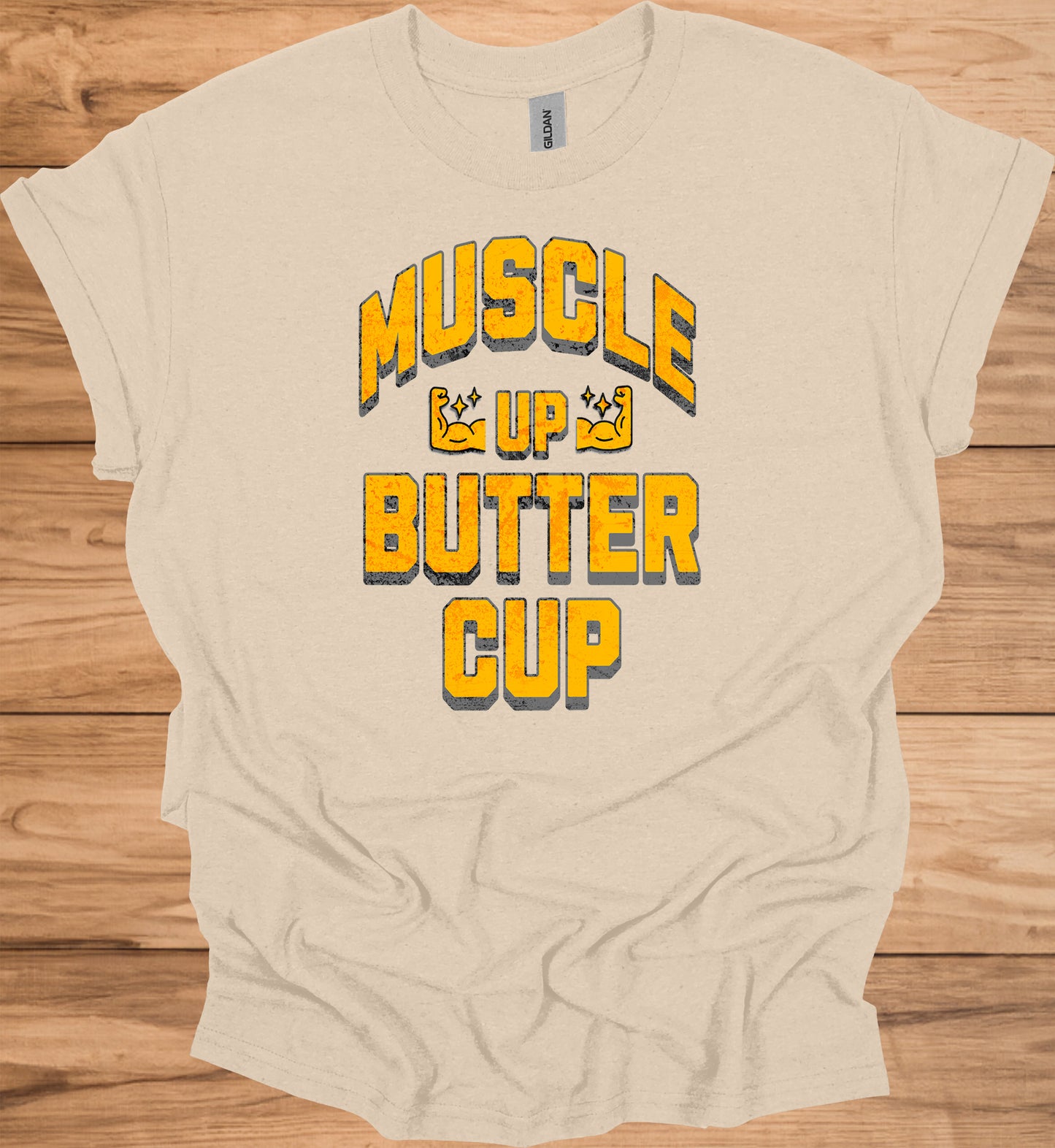Muscle Up Buttercup: Retro Fitness Motivation, Grungy Gym Typography, Bold Yellow on Black Design - Graphic Tee Shirt