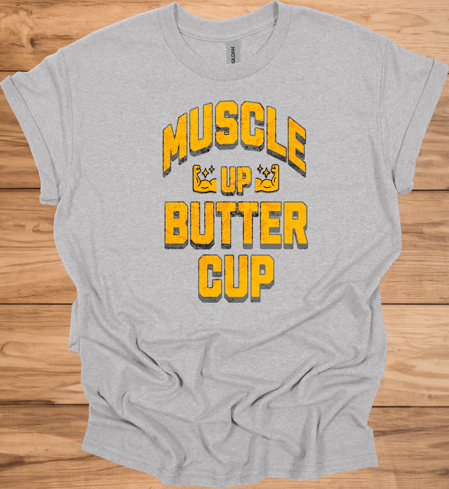 Muscle Up Buttercup: Retro Fitness Motivation, Grungy Gym Typography, Bold Yellow on Black Design - Graphic Tee Shirt