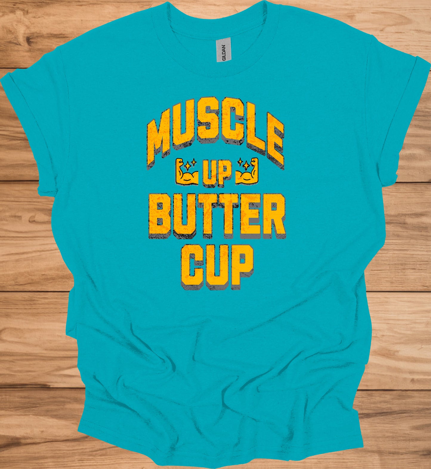 Muscle Up Buttercup: Retro Fitness Motivation, Grungy Gym Typography, Bold Yellow on Black Design - Graphic Tee Shirt