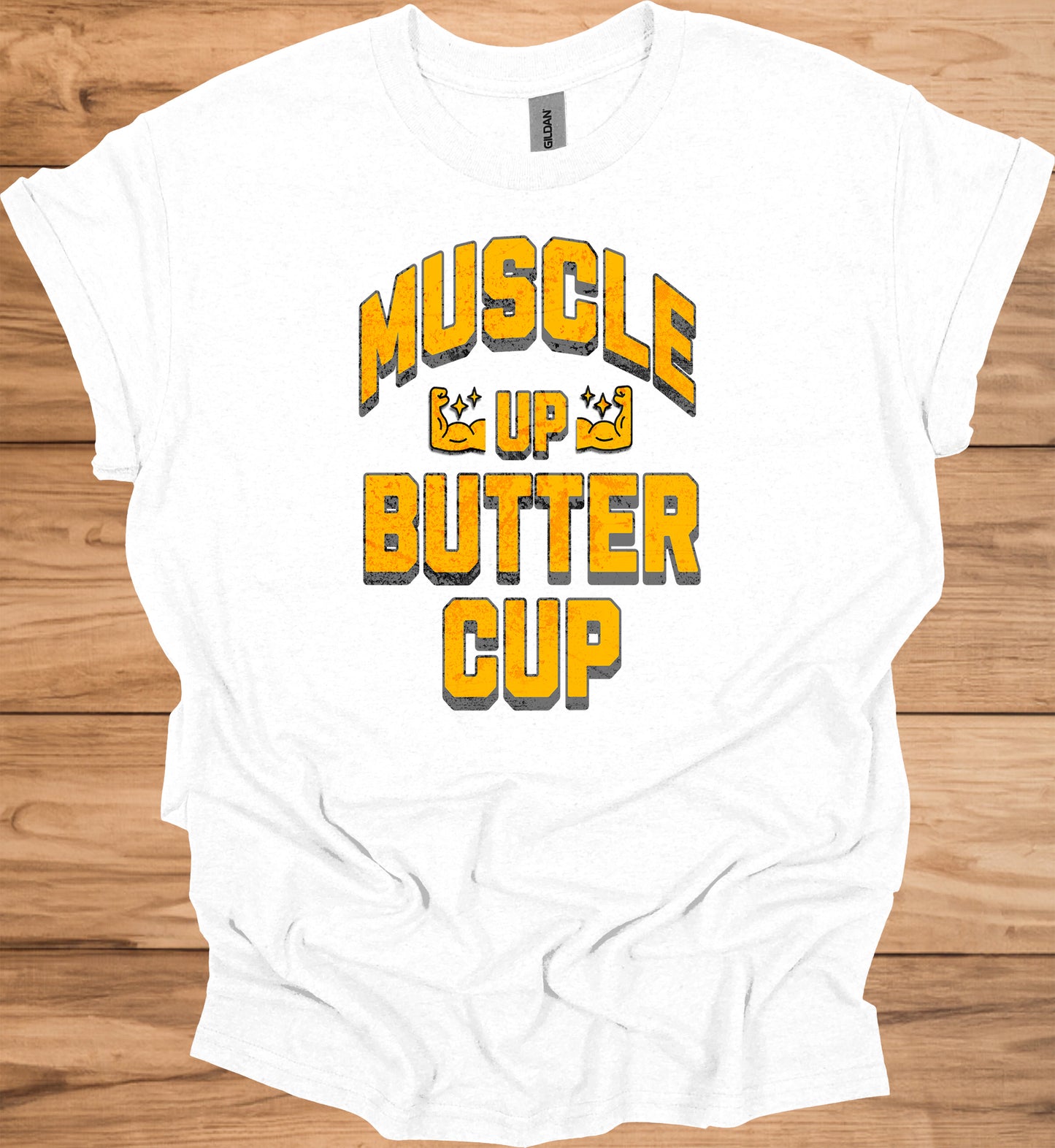 Muscle Up Buttercup: Retro Fitness Motivation, Grungy Gym Typography, Bold Yellow on Black Design - Graphic Tee Shirt