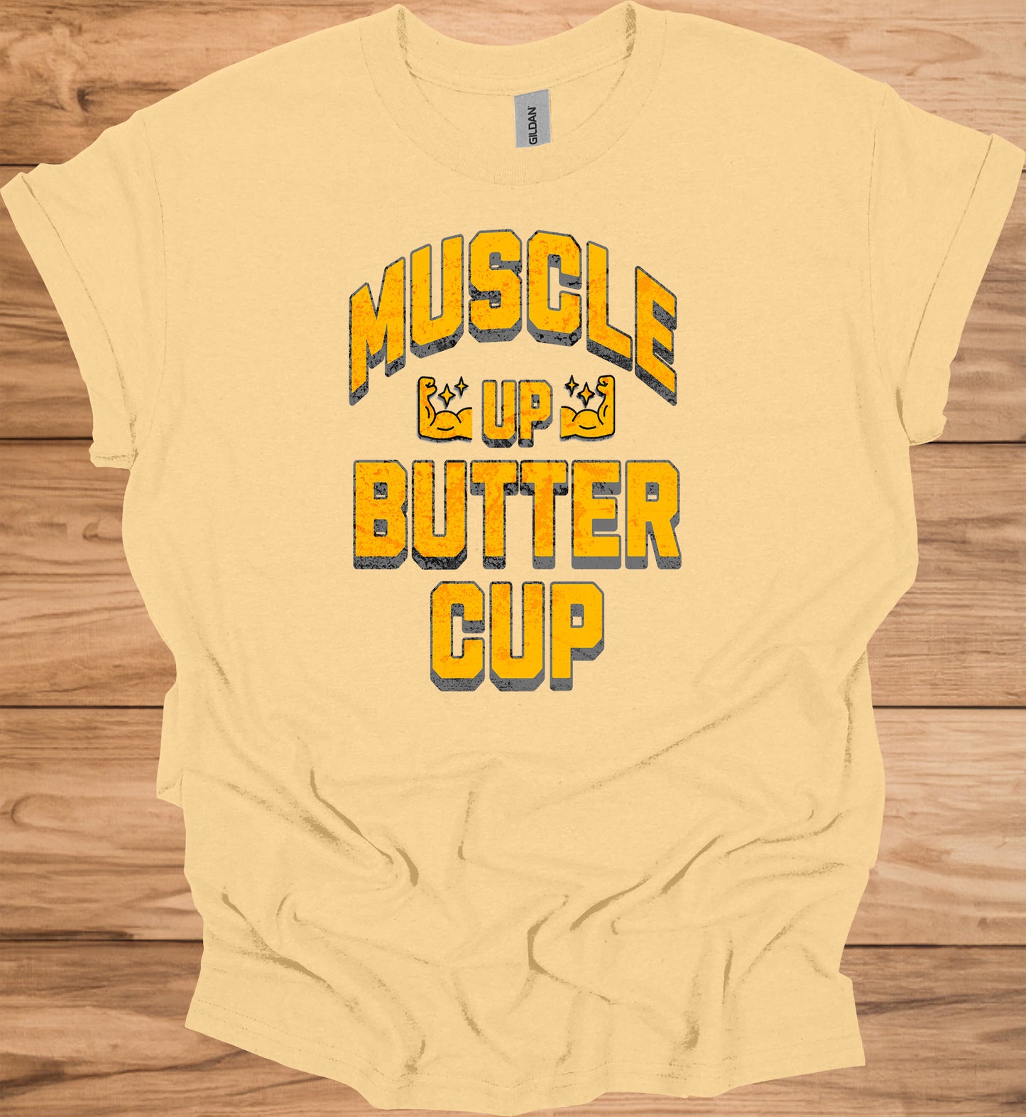 Muscle Up Buttercup: Retro Fitness Motivation, Grungy Gym Typography, Bold Yellow on Black Design - Graphic Tee Shirt